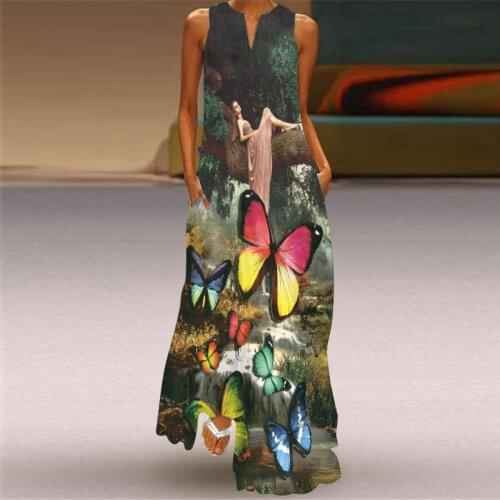 Print Casual Sexy Dresses Women Party Dress V-neck Sleeveless Pocket Plus Long Dresses Ankle-Length Bohemian Dress Summer 2021