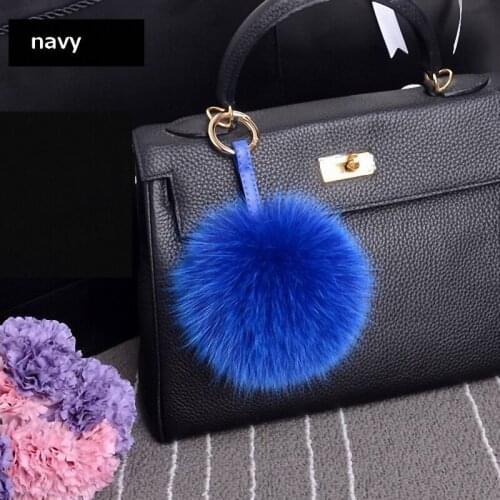 13-15cm Luxury Fluffy Real Fox Fur Ball Pom Pom Plush Size Genuine Fur Key Chain Metal Ring Pendant Bag Charm Fi-K010-blue