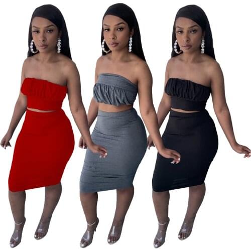 Sexy Women Dress Sets Breast Wrap Lace Up Short Tank Tops High Waist Sheath Skirt Two-piece Set Fashion Party Evening Club Suit