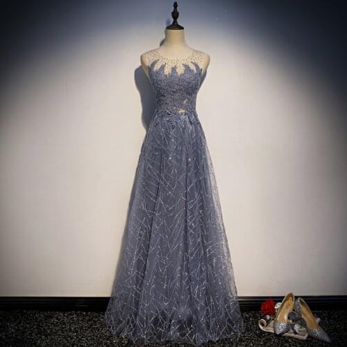 Evening Dresses Dark Blue Crystal O-neck Illusion Sequins A-line Floor-length Sleeveless Plus size Customized Formal Dress R1317