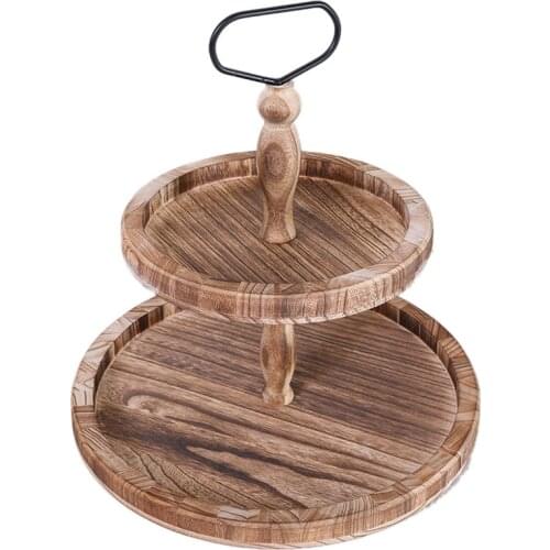 Vintage Wood Two Tiered Tray with Round Metal Handle,Easy to Assemble 2 Tier Home Decor for Tiered Cake Presentation