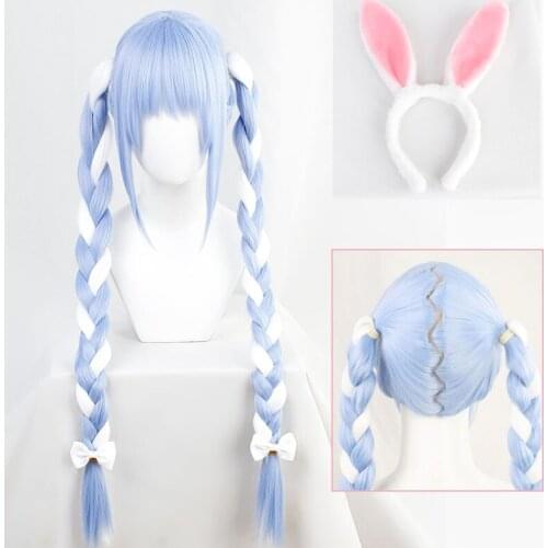 VTuber Usada Pekora Wig Braids Hololive Fantasy Bunny Girl Ears Cosplay Long Braided Hair Blue White Synthetic Hair + Wig Cap