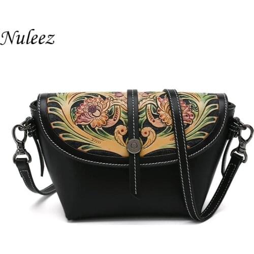Nuleez Cross Body Bags Women Genuine Cow Leather Wallet Hand Carving Purse Tang Grass Pattern Chinese Style Popular 2021