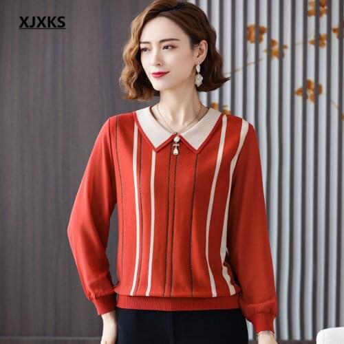 XJXKS Fashion lapel women thin sweater autumn 2021 new loose plus size striped sweater women knitted pullover