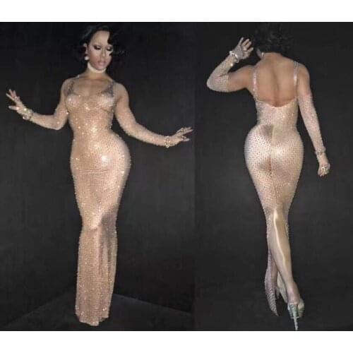 Women Summer Sexy Sparkly Full Crystals Dress Party Costume Stage Performance Wear Dance Singer Rhinestones Ladies Long Dresses