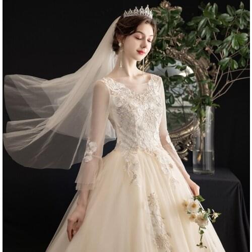 LAMYA Gorgeous Wedding Dress Court Train Vestidos De Novia O Neck with Full Sleeve Lace Closure Ivory White Champagne