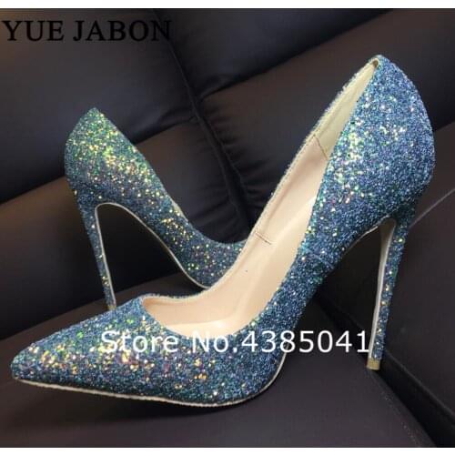 2019 NEW Blue Bling PU leather high heeled lady pumps pointed toe sexy woman party shoes slip-on OL shoes pumps 12CM 10cm 8cm