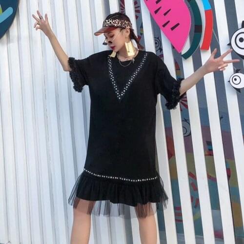 Black White Orange Women Loose Dress 2020 Women Mesh Patchwork Dress Rivet Female Short Sleeve Dress