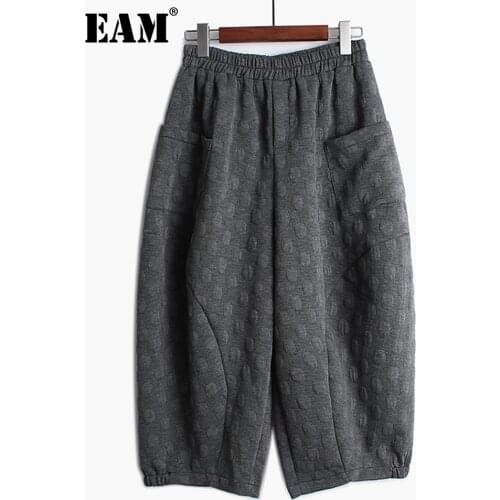 [EAM] Pockets Dots Elastic Waist Harem Trousers New Loose Fit Calf-Length Pants Women Fashion Tide Spring Summer 2021 1DD8201