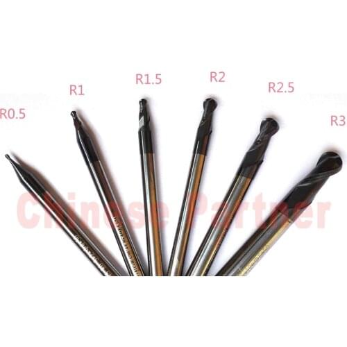 6PCS radius 0.5 1.0 1.5 2.0 2.5 3.0 HRC45 2 flutes Tungsten Carbide Ball Nose End Mill set L=50MM CNC milling 45HRC mills