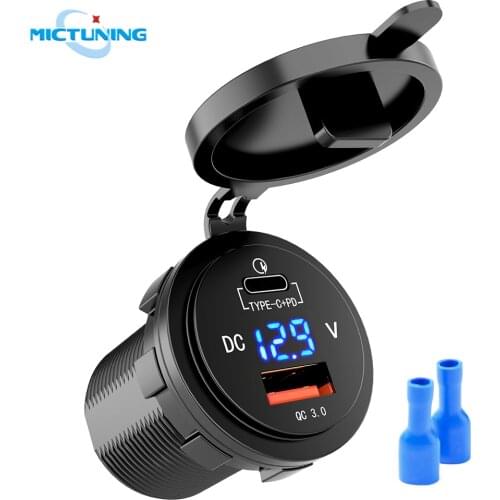 MICTUNING 36W Fast PD USB-C Car Charger USB Quick Charge PD QC3.0 Type C Socket W/ LED Digital Voltmeter Universal Power Outlet