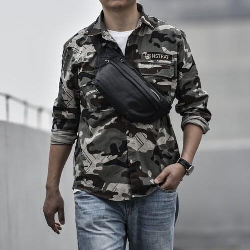 Fashionable multifunctional outdoor natural genuine leather men chest bag waist bag youth chest cowhide bag black small satchel