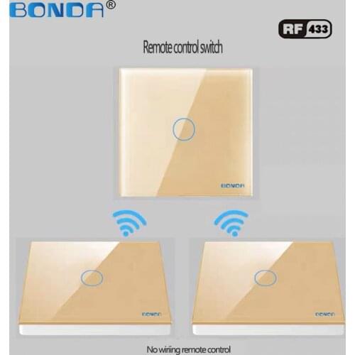 BONDA EU standard, smart home glass panel 1gang 2Way 433mhz wireless remote wall lamp touch switch ,remote control touch switch