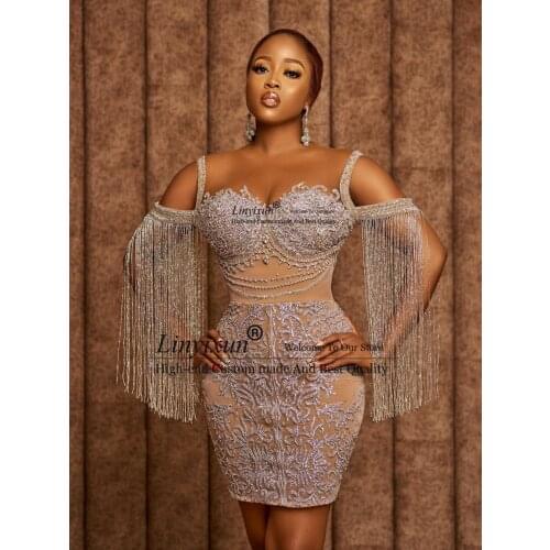 2021 New Glitter Short Aso Ebi Prom Dresses Tassels Cap Sleeves Mini Length Straight Beaded Evening Gowns Plus Size