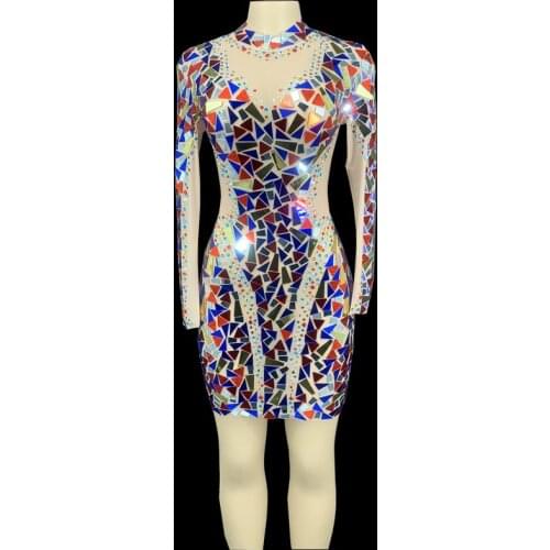 New Prom Party Birthday Dress Flashing Colorful Rhinestone Mirrors Transparent Short Dress Women Dancer Crystal Sequin Dresses