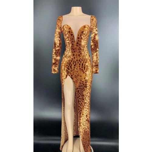 Bling Mirrors Mesh Long Dress Prom Party Dress Birthday Celebrate Sequins Outfit Female Singer Show Dresses