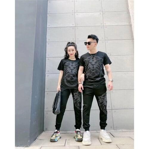 Brand mens and womens fashion diamond-encrusted lion track suit 100% cotton T-shirt jogging pants leisure body shaping and sel