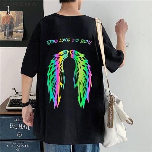 VERSMA Korean Ulzzang Short Sleeve Reflective T-shirt Men Women Summer Loose Wings Print Luminous Unisex Tshirt Men Dropshipping
