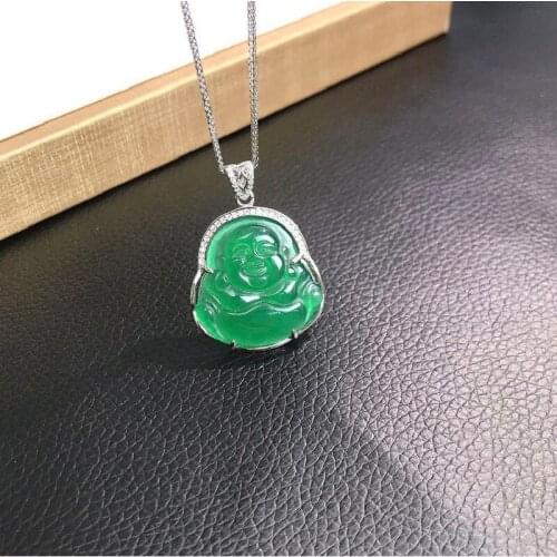 Sterling Silver 925 Inlaid Natural Chalcedony Buddha Pendant Jewelry