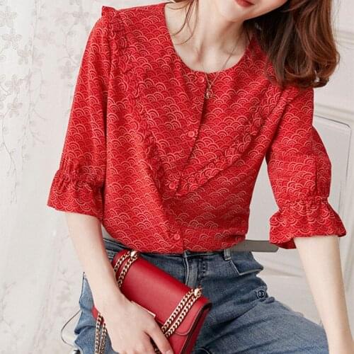 Women Blouse Scalloped Print Red Ruffles Half Puff Sleeve O-Neck Shirt Female Tops 2021 Spring Summer Female Outfit