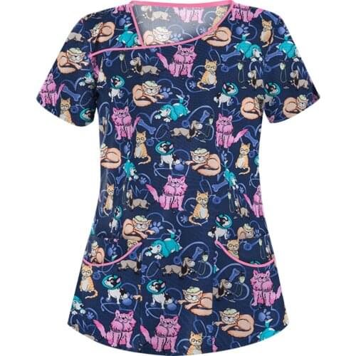 Women Short Sleeve Nurse Uniform Blouse Cartoon Animal Print T-Shirt Hospital Dentistry Clinical Nursing Working Scrubs Tops A40