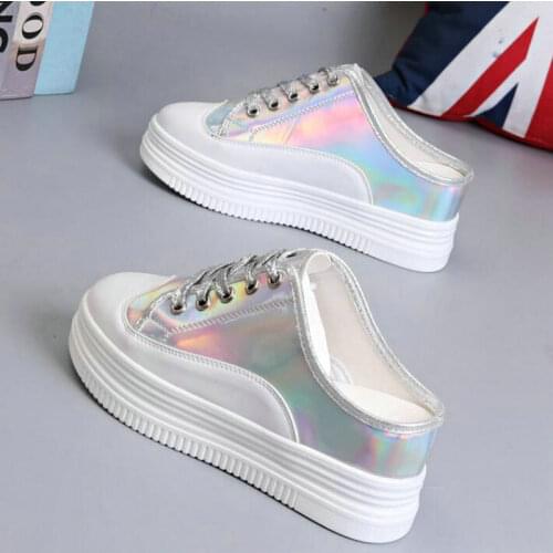 Woman Sneakers Platform Casual Increase Zapatillas Mujer flats Femme wedges Laser Bling half slipper shoes high heel 8CM NA-34