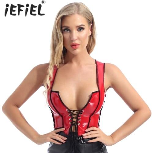 Women Fashion Wet Look Lace-up Tank Camisole Patent Leather Sleeveless Crop Tops Sexy Leotard Short Vest for Lingerie Party