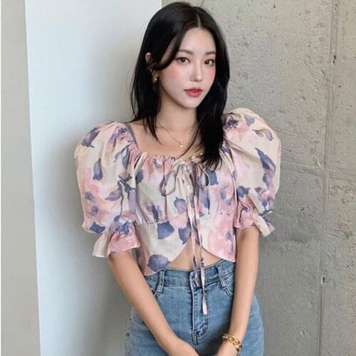 Print Autumn Tops Women 2021 V Neck Pullover Puff Sleeve Chic Tops