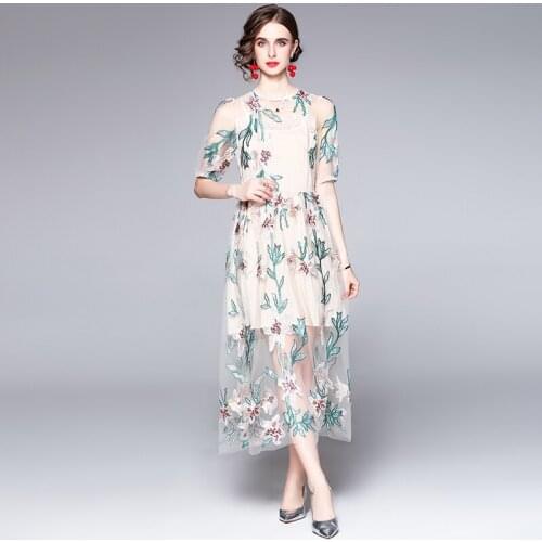 Women See through Mesh Embroidery Dresses Elegant Casual Evening Party Dress O Neck Vestidos
