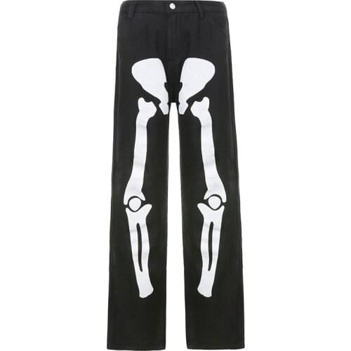 Vintage Skull Print Jeans for Women Straight Oversize Casual Loose Denim Trousers High Street Fashion Long Pants