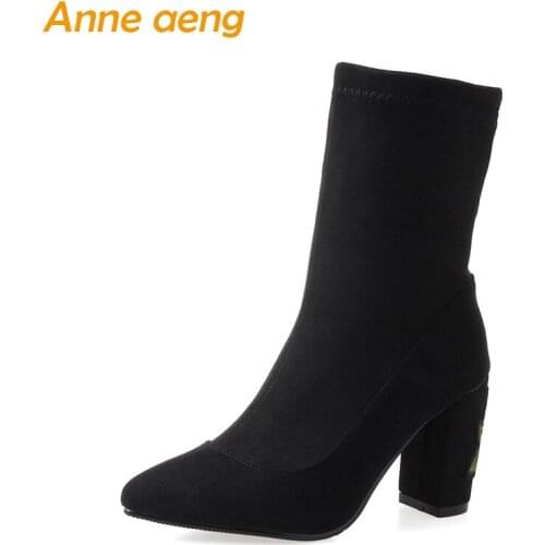 Women winter snow boots ankle high square heels pointed toe sexy ladies black women winter shoes big size 33-46