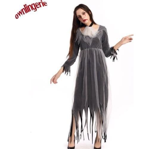 Women Halloween and Party cheap ragged gray mesh style zombie bridesmaid costume O-collar style bride costume