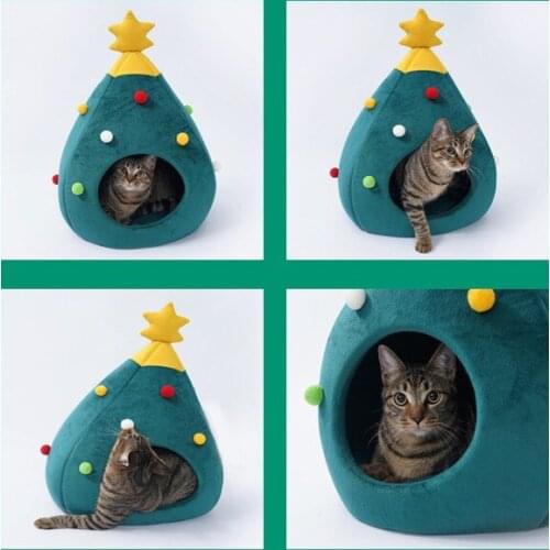 2020 New Kawaii Christmas Tree Pattern Pet Houses 65x42x40cm Cotton Cloth Bed Warm Pet Products Foldable Dog House Cushions Mats