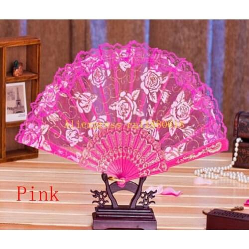 50pcs/lot Spanish Style Rose Flower Design plastic frame lace silk hand fan Chinese craft folding fan For wedding Party gift