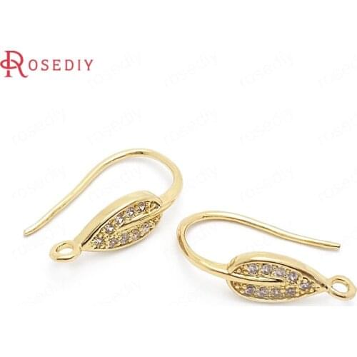 37852)6PCS Height 20MM 24K Gold Color Brass and Zircon Tree Leaf Leaves Earrings Hooks Jewelry Making Supplies Diy Accessories