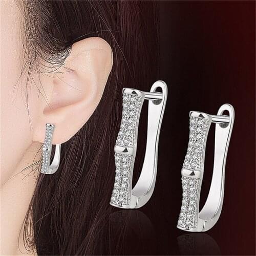 Shining Zircon Bamboo Hoops Earrings Women Jewelry Temperament Hoop Silver Plate Earring For Lady Engagement Accessories