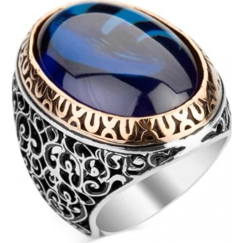 925 Sterling Silver Ring With Blue Stone For Men Sapphire Stone Mens Rings Handmade - Turkish Jewelry