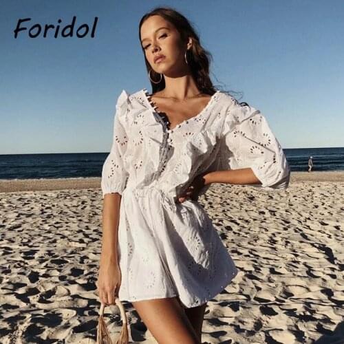 Foridol White Lace Summer Beach Dress Women V Neck Ruffle Button Up Cotton Short Dress Embriodery Flower Hollow Out A-line Dress