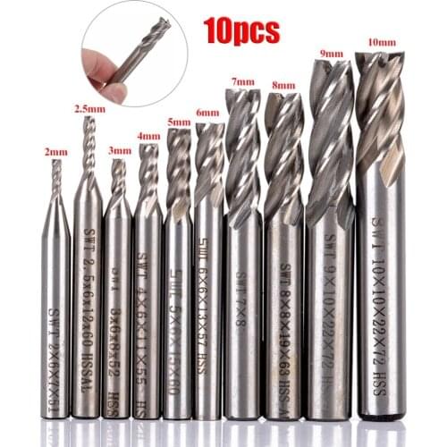 10 pcs/Set 2-10 mm HSS Milling Cutter Set 4 Flute Super Tough Straight Shank Milling Cutter Router Bit CNC Milling Drill Bit