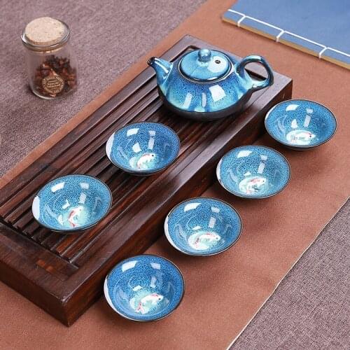 Jun Porcelain Kung Fu tea set Tenmoku fish fun tea cup ore Zisha Teapot Set 1 teapot + 6 cups(Not include tray)