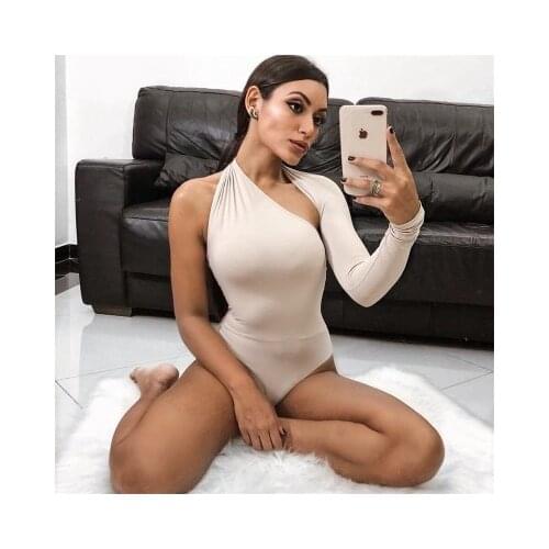 Solid color one-shoulder sexy bodysuit womens back tight bodysuit one-sleeve top button top womens jumpsuit women боди женское