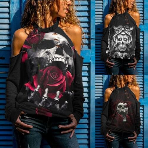 Fashion Skull Print Women Top Causal Long Sleeve Spring Loose Shirt Female Sexy Off Shoulder Sweatshirt Halloween Party Clothes