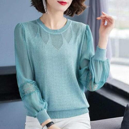 New Ice Silk Knitted Women O-Neck Lace Long Sleeve Hollow Patchwork Slim T-Shirt Tops Elegant office lady loose tee shirt mujer