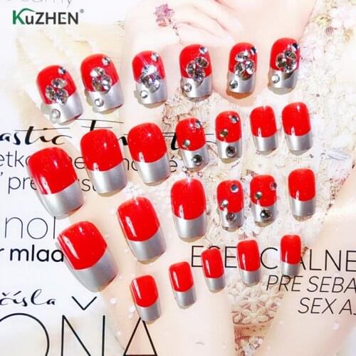 Full Sizes 24pcs Acrylic Full Cover Nail Tips False Nail Art With Glue Tape Pre Designed Fake Nail Tips Artificial Nails Designs