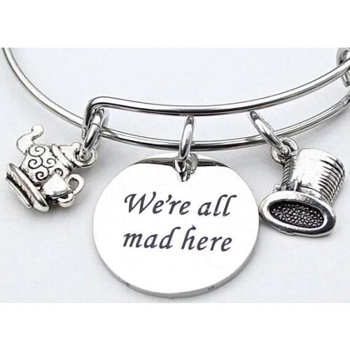 12pcs Alice in Wonderland We're All Mad Here Charm Bangle Silver Mad Hatter Hat Tea Pot Teacup Fables and Fairytale
