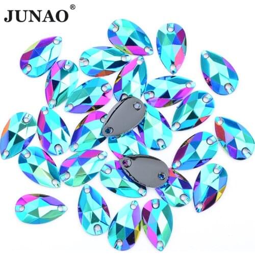 JUNAO 10*18mm Sewing Green AB Drop Big Rhinestones Flat Back Resin Stones Crystal Sew On Strass Applique For Clothes Decoration