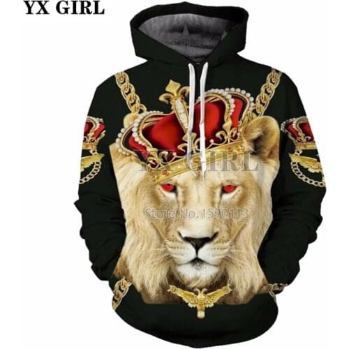 YX GIRL 2018 New Fashion Men/Women Hooded Sweatshirts 3d Print Golden Crown Funny Lion Hoodies casual Tracksuits Drop shipping