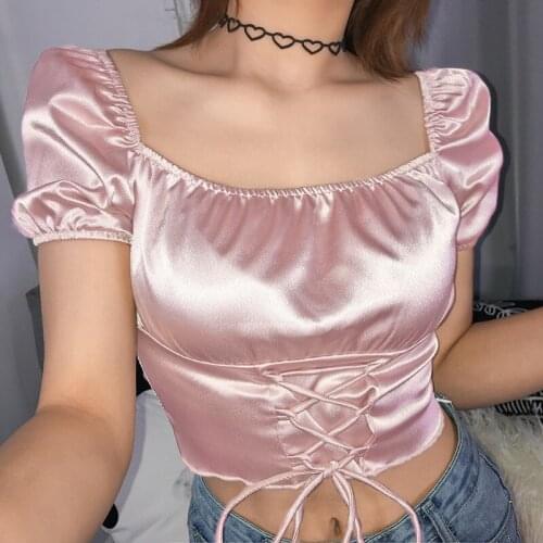 2020 Sexy Summer Tanks Tops For Women Fashion Square Collar Solid Short Sleeve Bustier Vest Night Club Crop Female Top Pink