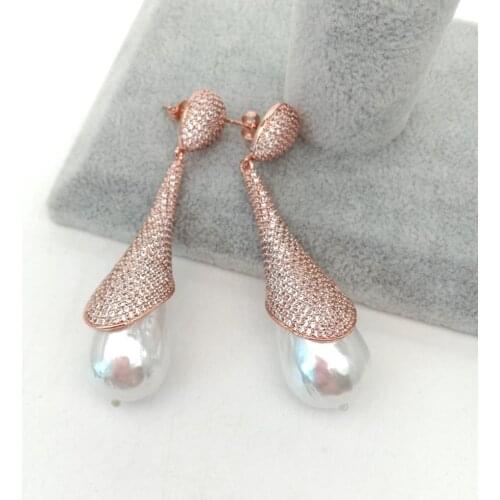 2.4'' 16x25MM White Sea Shell Pearl CZ Pave Rose Gold color Plated Stud Earrings