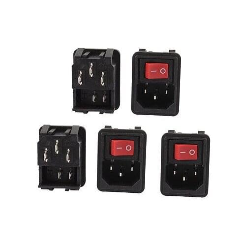 AC 10A 250V O/I Red Button Rocker Switch IEC320 C14 Inlet Power Socket 5 Pcs